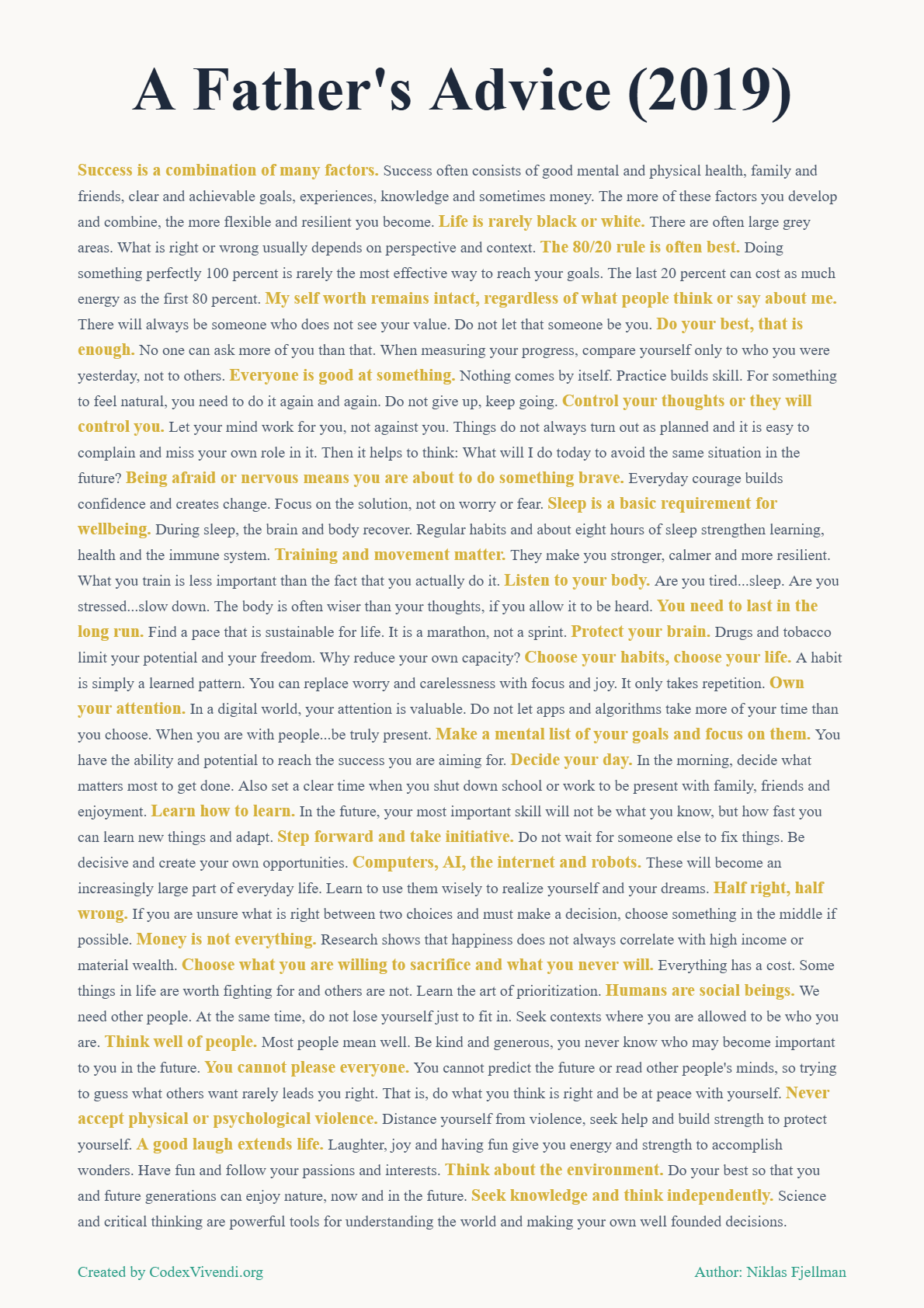 A Father's Advice (2019) by Niklas Fjellman, the original life principles document exploring the meaning of life that inspired the Codex Vivendi platform.